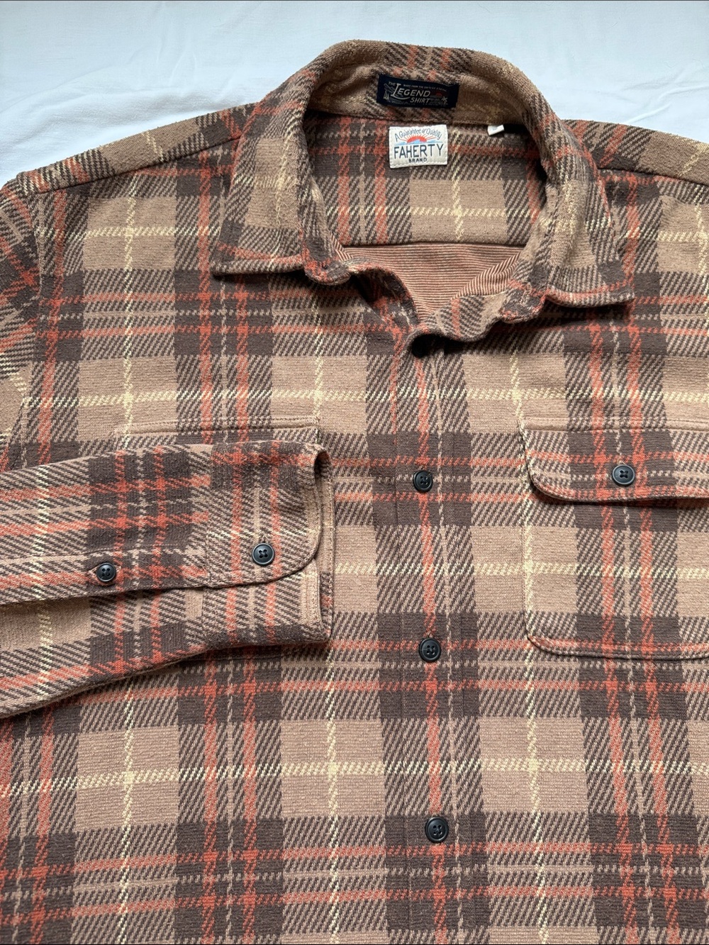 Faherty Legend Plaid Sweater Shirt Jacket Shacket Brown Tan Rust Men's L